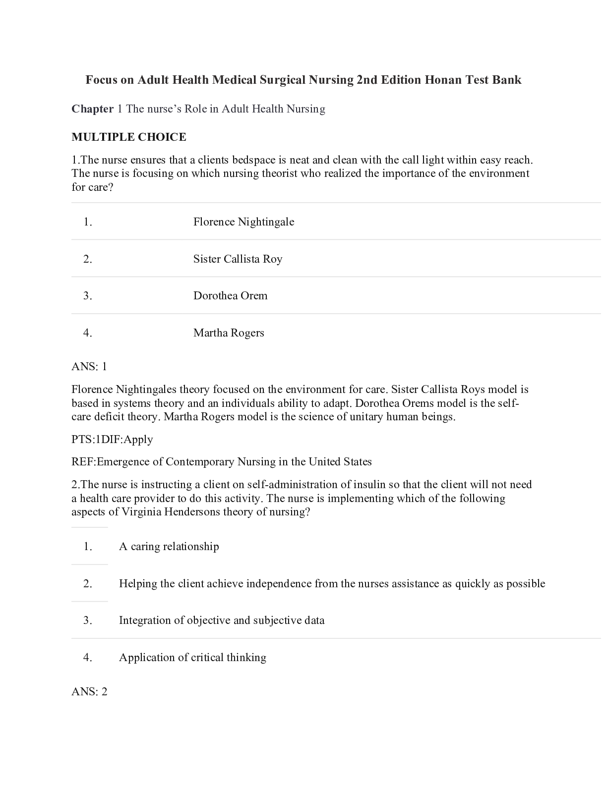 Preview of Test Bank for Focus on Adult Health Medical Surgical Nursing 2nd Edition By Linda Honan